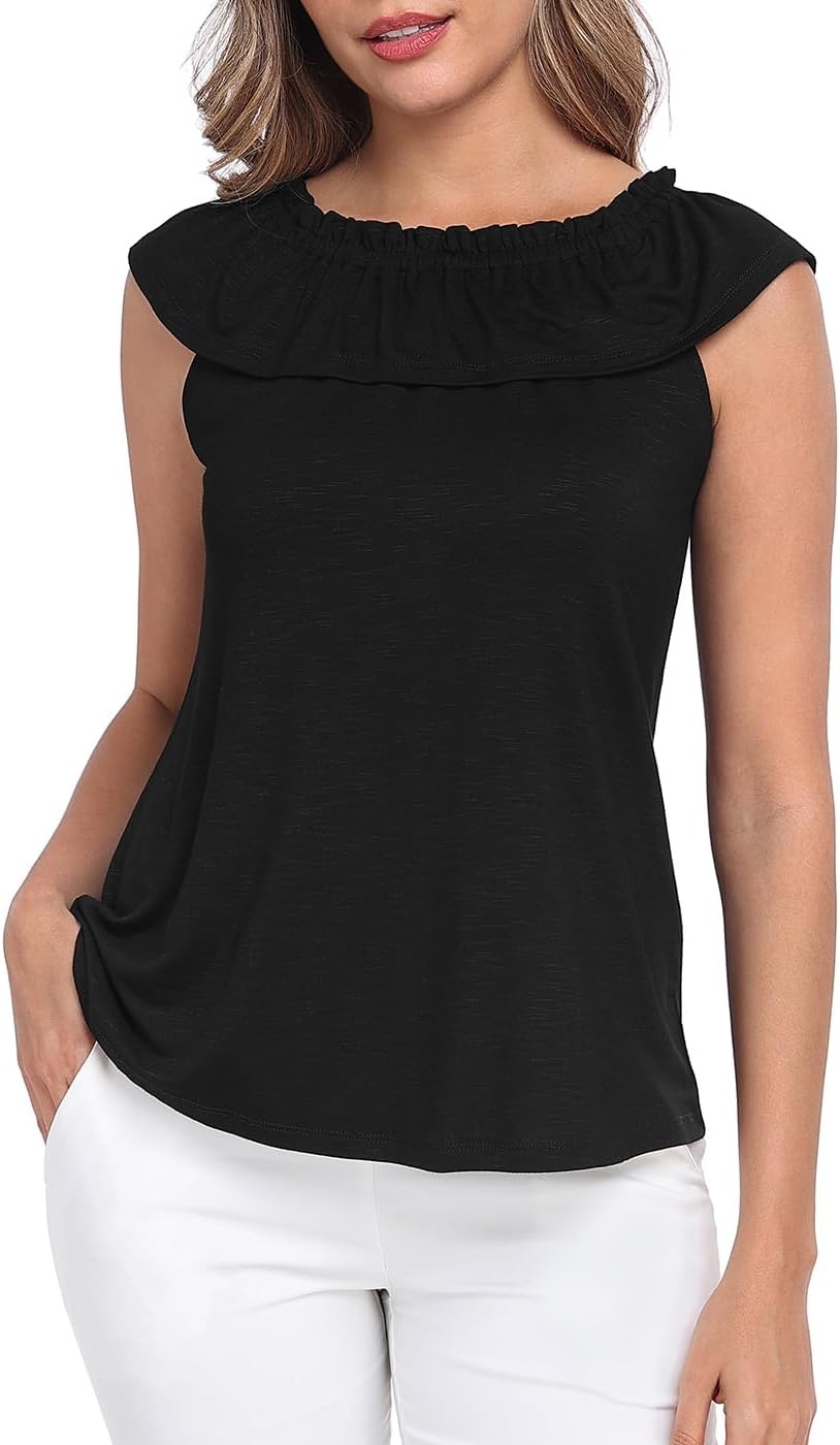 image:imageHDE Womens Off Shoulder Ruffle Tops Loose Summer Convertible Sleeveless BlouseBlack