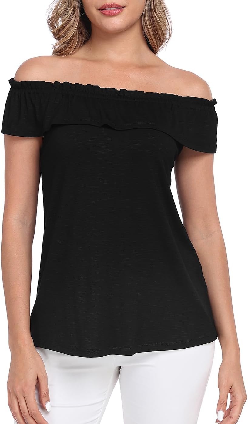 image:imageHDE Womens Off Shoulder Ruffle Tops Loose Summer Convertible Sleeveless BlouseBlack