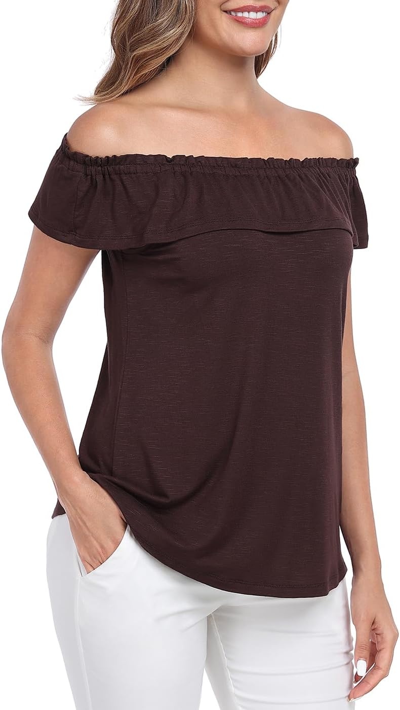 image:imageHDE Womens Off Shoulder Ruffle Tops Loose Summer Convertible Sleeveless BlouseBrown