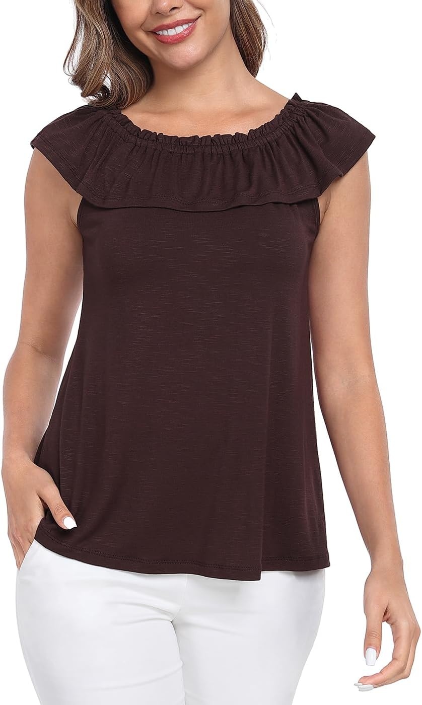 image:imageHDE Womens Off Shoulder Ruffle Tops Loose Summer Convertible Sleeveless BlouseBrown