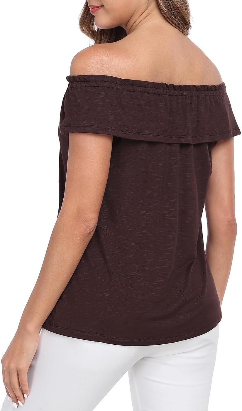 image:imageHDE Womens Off Shoulder Ruffle Tops Loose Summer Convertible Sleeveless BlouseBrown