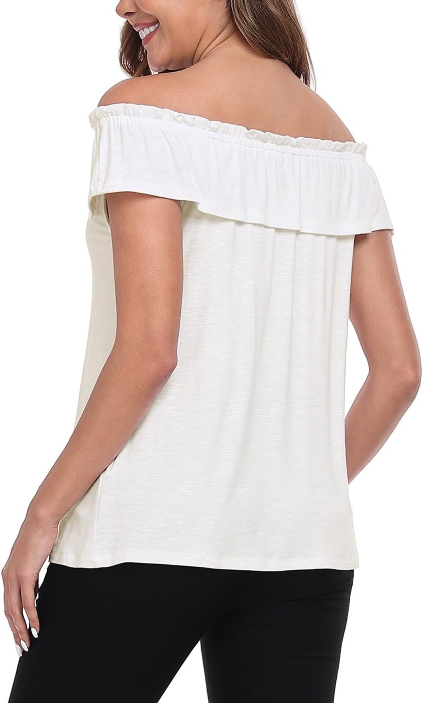 image:imageHDE Womens Off Shoulder Ruffle Tops Loose Summer Convertible Sleeveless BlouseIvory White
