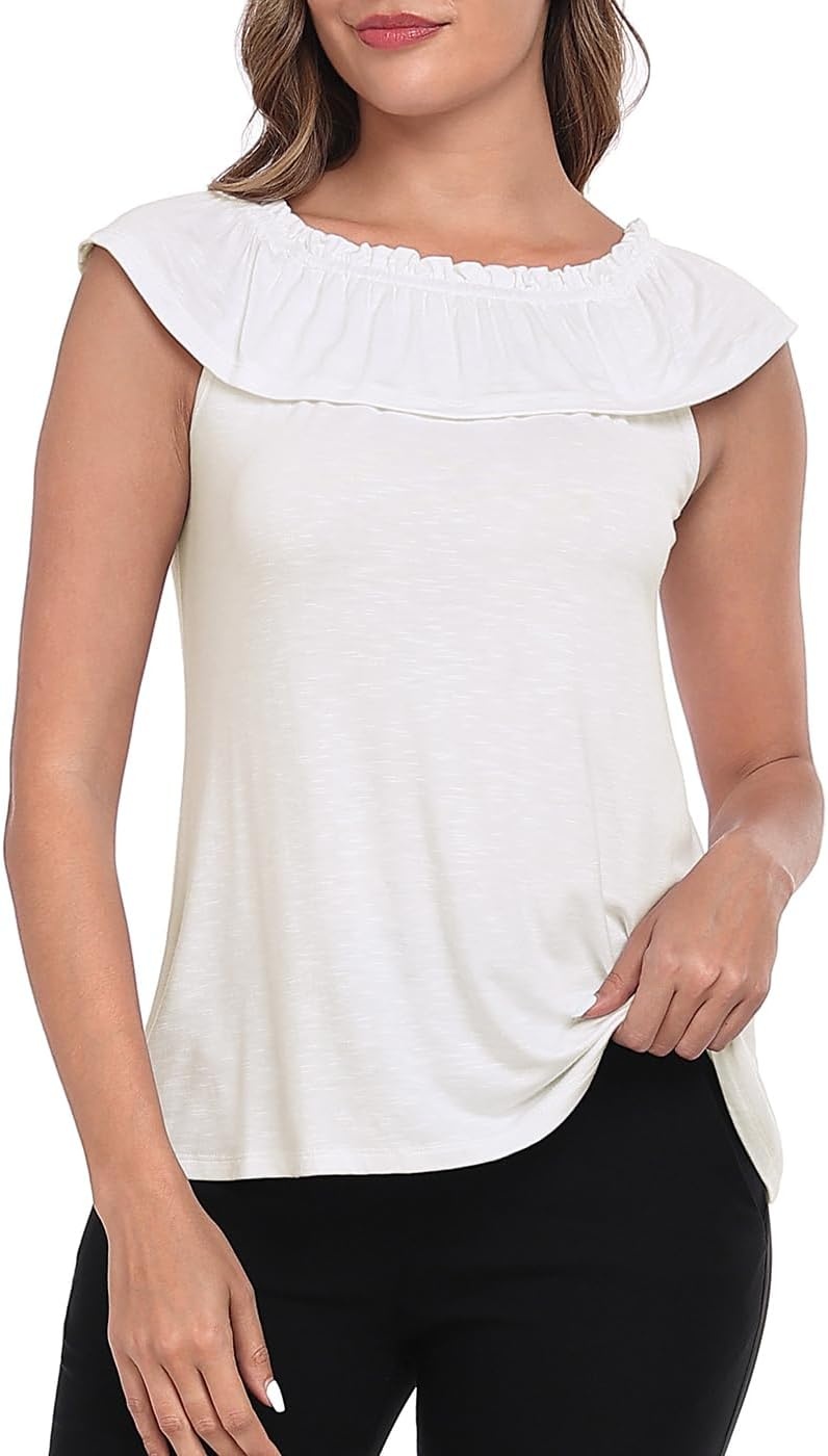 image:imageHDE Womens Off Shoulder Ruffle Tops Loose Summer Convertible Sleeveless BlouseIvory White