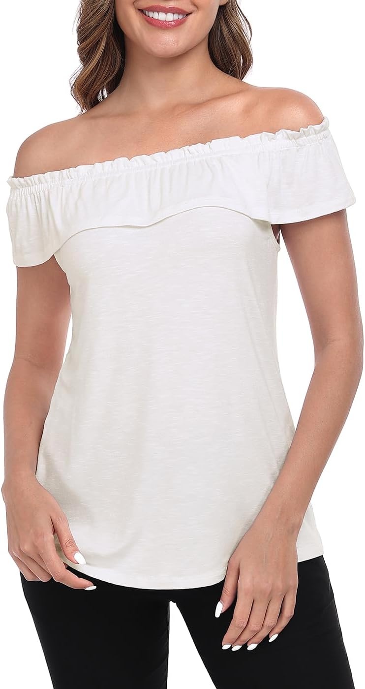 image:imageHDE Womens Off Shoulder Ruffle Tops Loose Summer Convertible Sleeveless BlouseIvory White