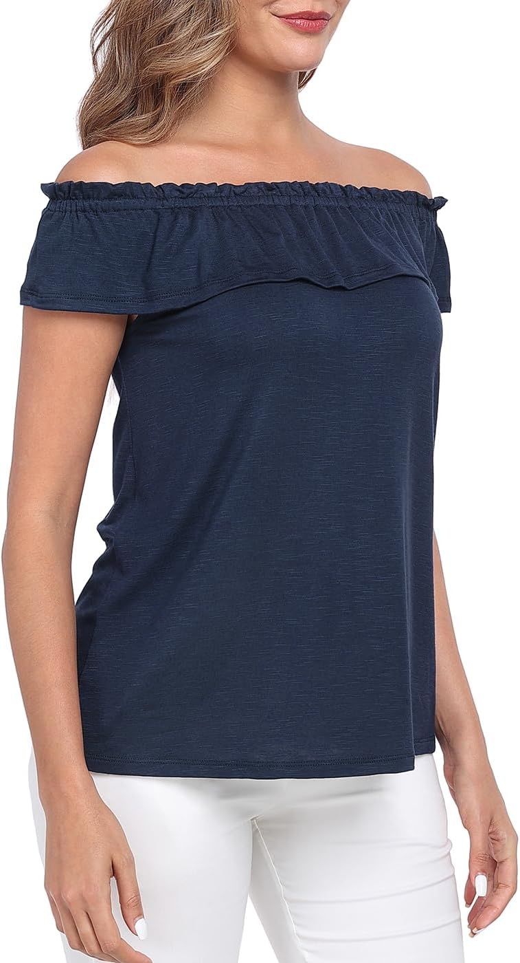image:imageHDE Womens Off Shoulder Ruffle Tops Loose Summer Convertible Sleeveless BlouseNavy Blue