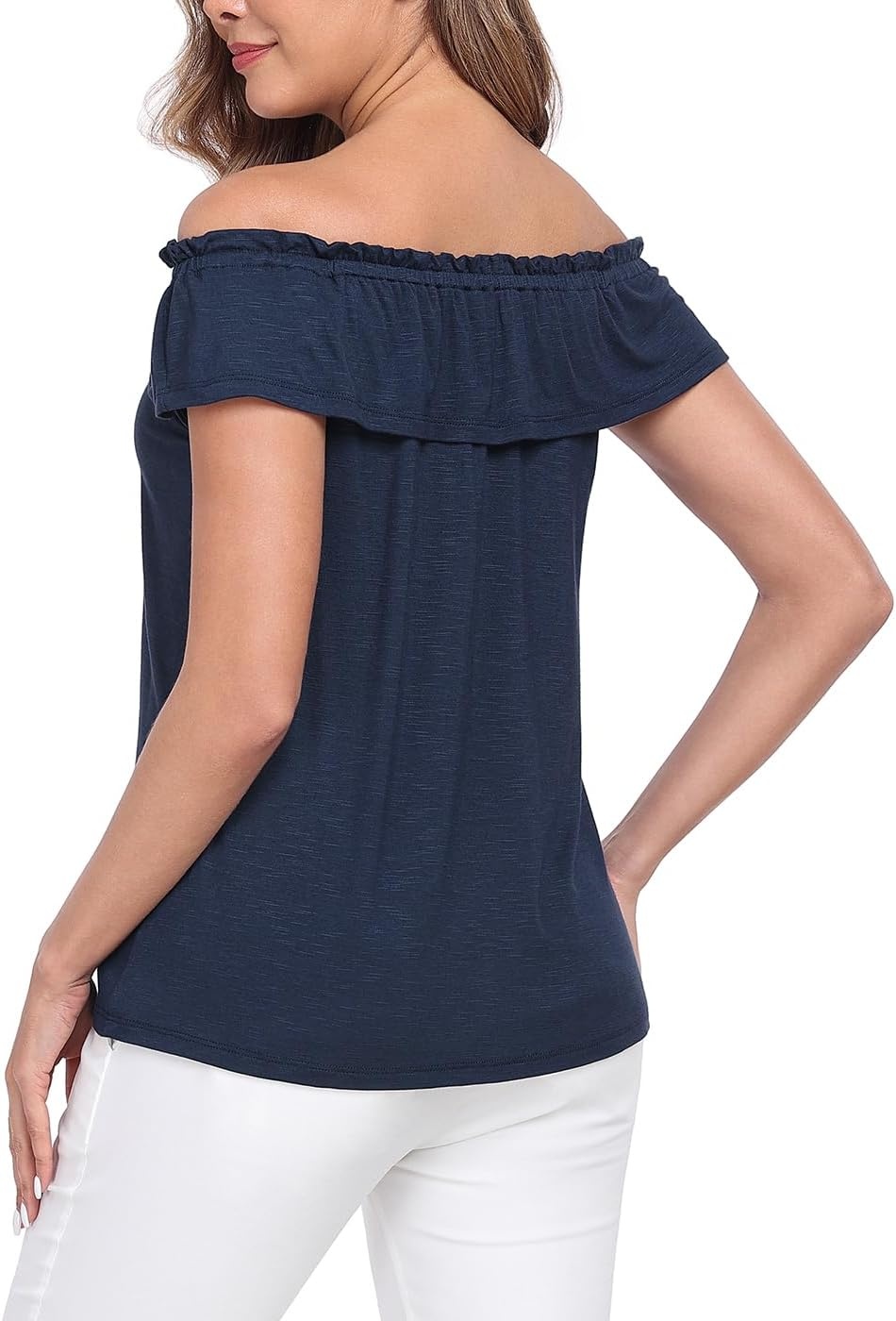 image:imageHDE Womens Off Shoulder Ruffle Tops Loose Summer Convertible Sleeveless BlouseNavy Blue