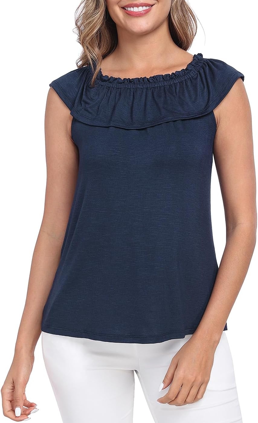 image:imageHDE Womens Off Shoulder Ruffle Tops Loose Summer Convertible Sleeveless BlouseNavy Blue
