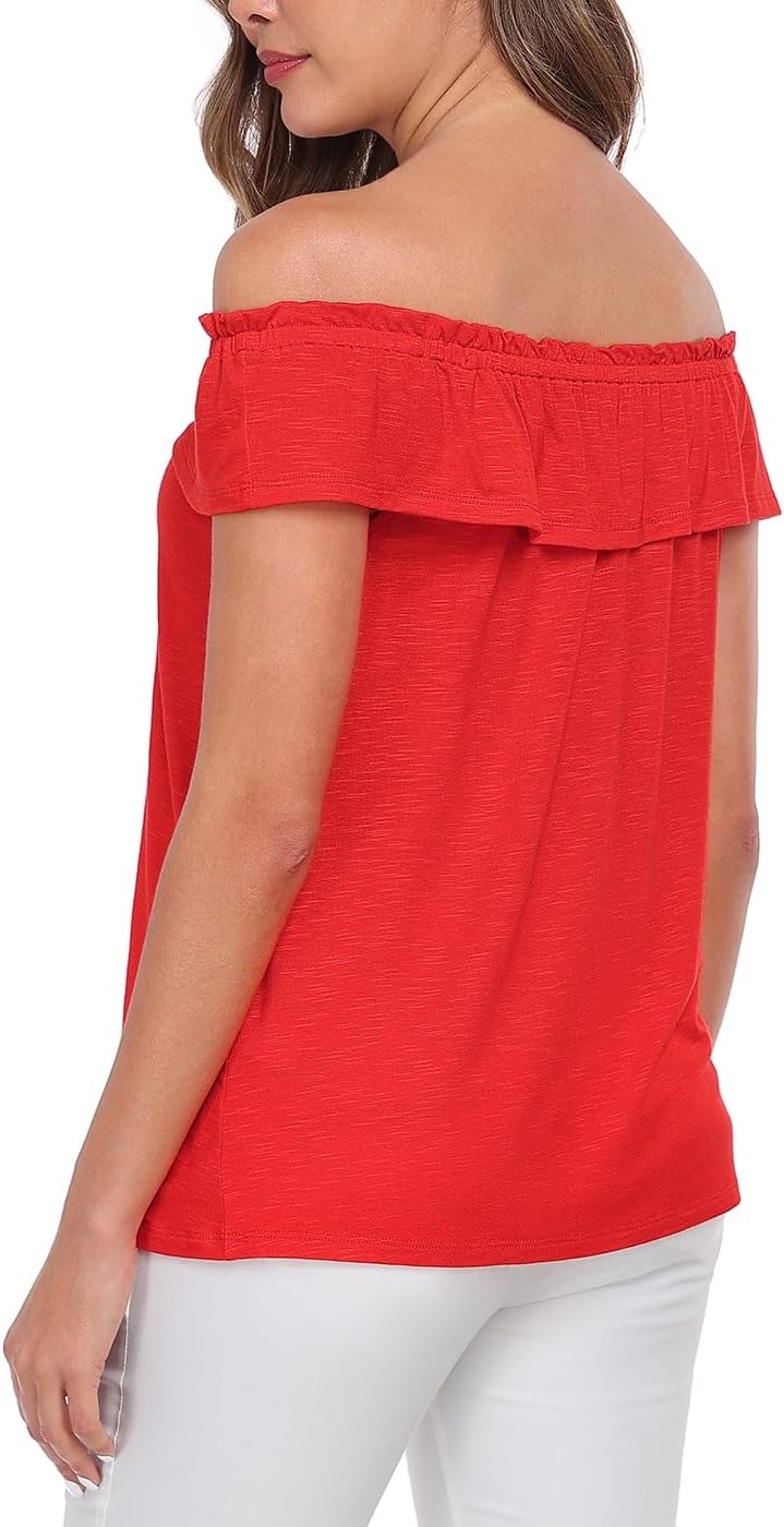 image:imageHDE Womens Off Shoulder Ruffle Tops Loose Summer Convertible Sleeveless BlouseRed