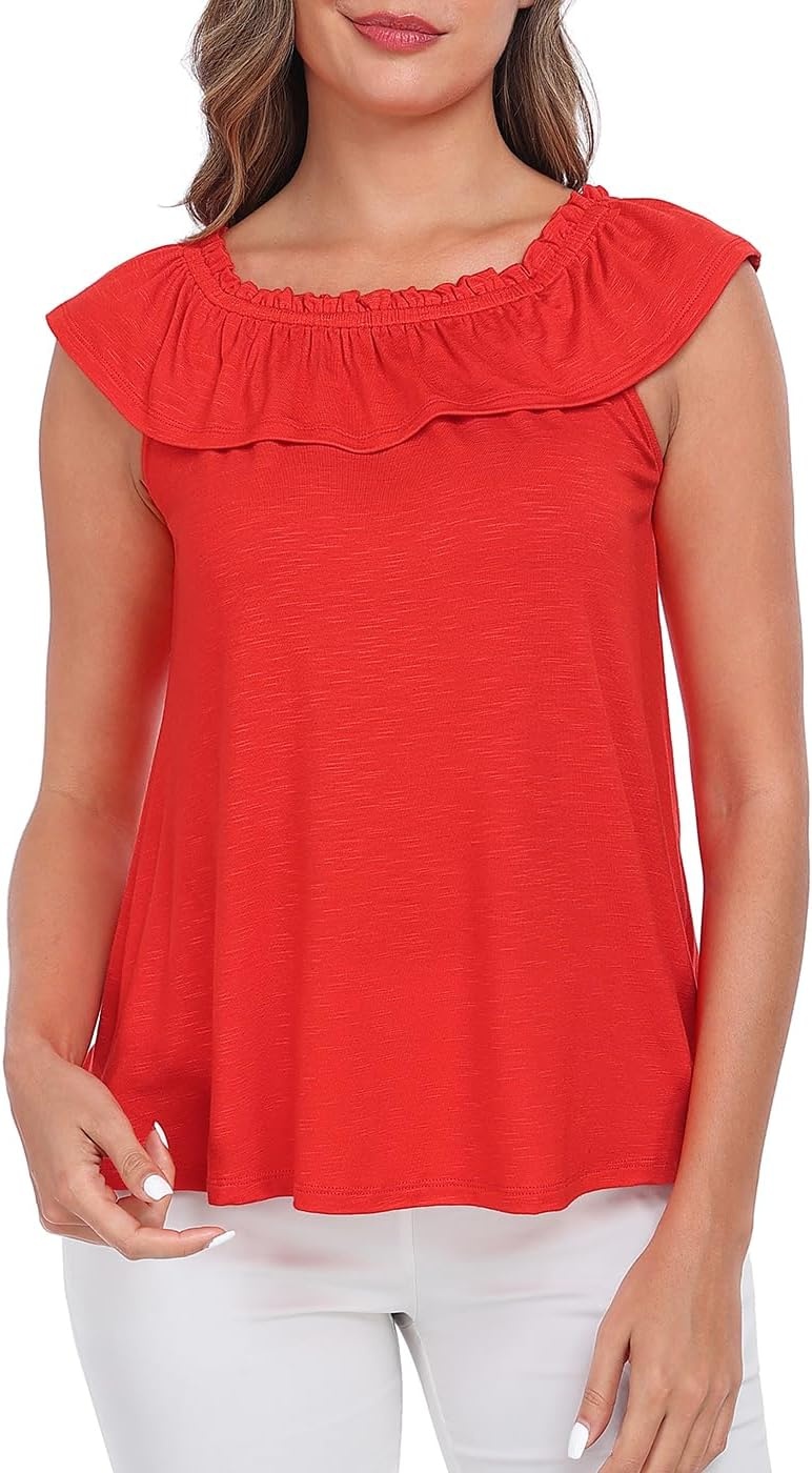 image:imageHDE Womens Off Shoulder Ruffle Tops Loose Summer Convertible Sleeveless BlouseRed