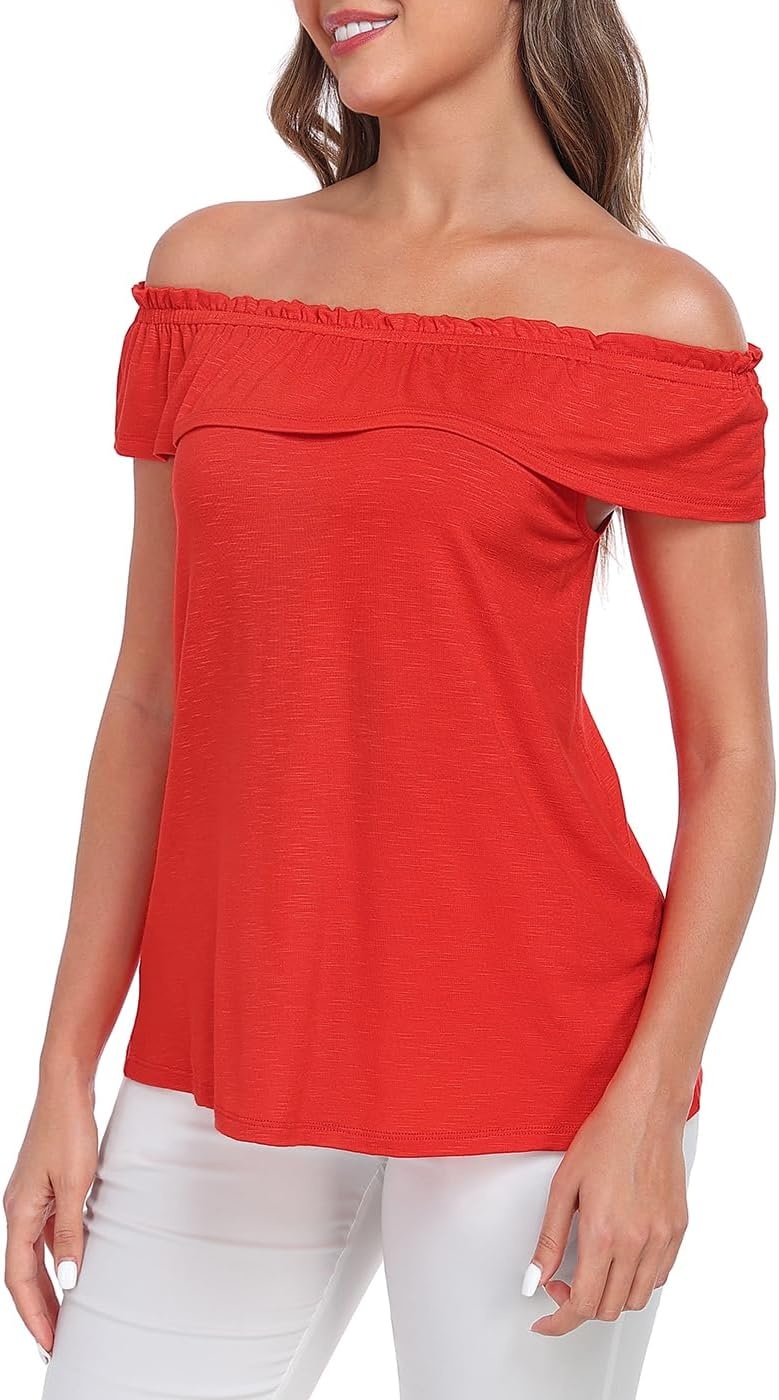 image:imageHDE Womens Off Shoulder Ruffle Tops Loose Summer Convertible Sleeveless BlouseRed