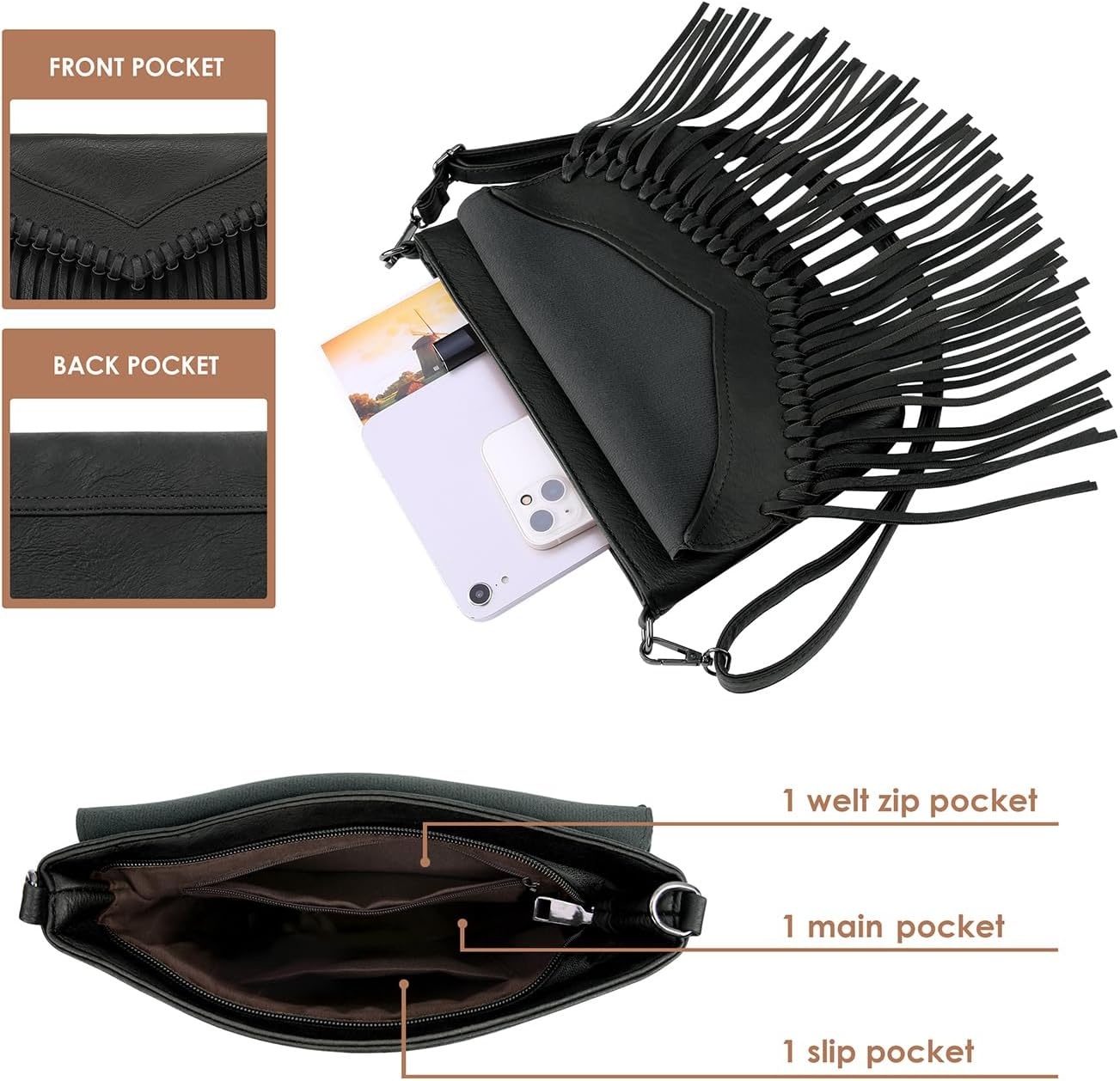image:imageHDE Womens PU Leather Hobo Fringe Crossbody Tassel Purse Vintage Flap Envelope Handbag Western Sling Shoulder BagBlack