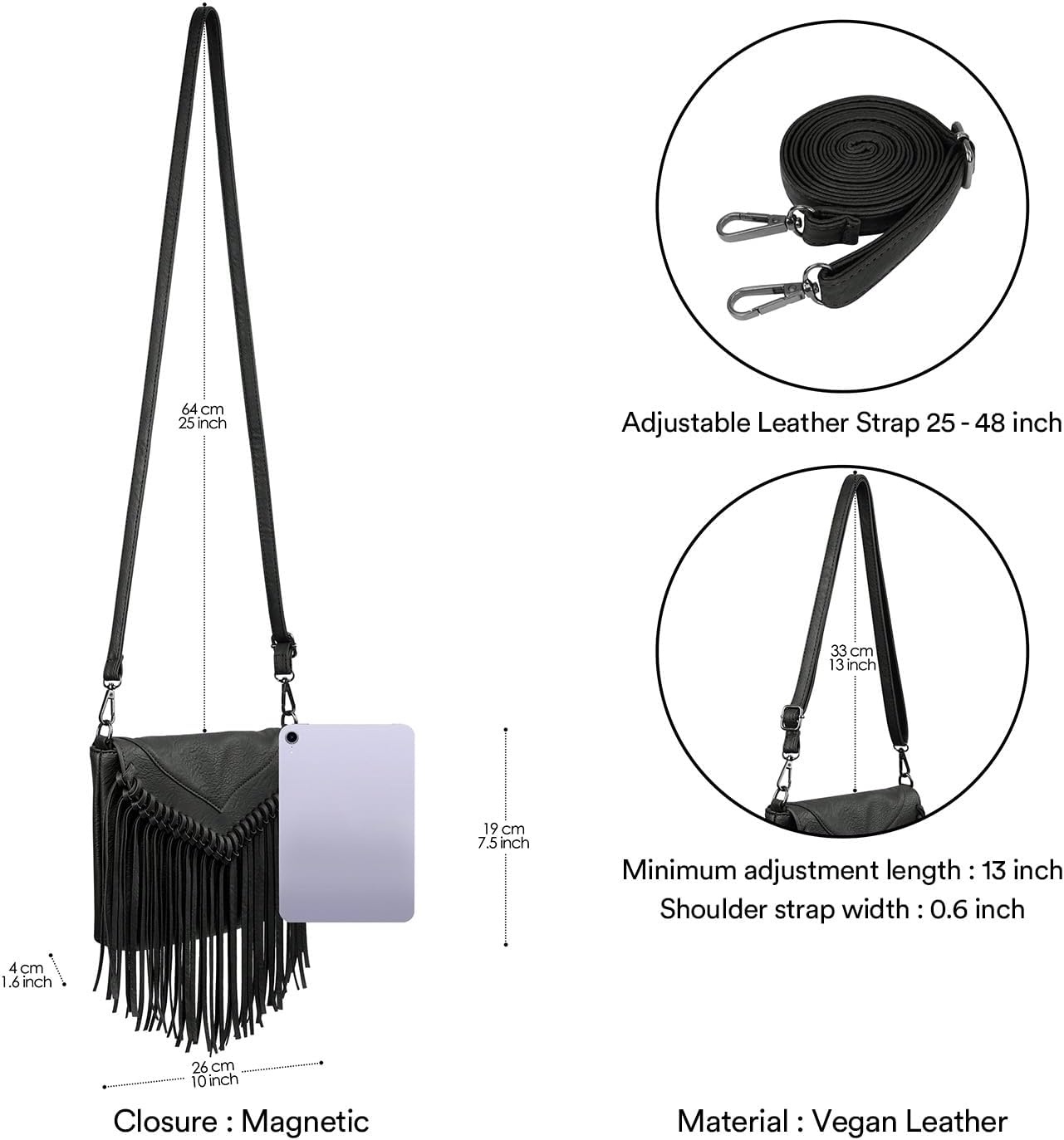 image:imageHDE Womens PU Leather Hobo Fringe Crossbody Tassel Purse Vintage Flap Envelope Handbag Western Sling Shoulder BagBlack