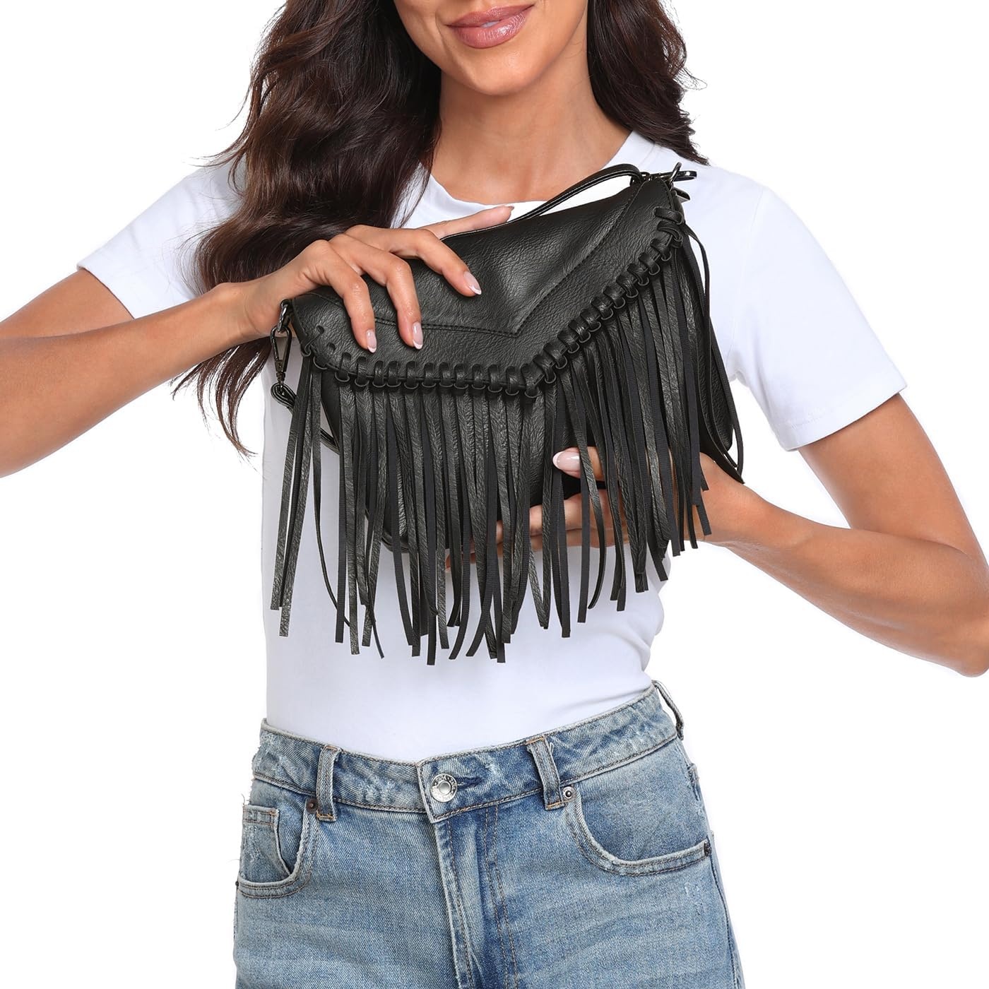 image:imageHDE Womens PU Leather Hobo Fringe Crossbody Tassel Purse Vintage Flap Envelope Handbag Western Sling Shoulder BagBlack