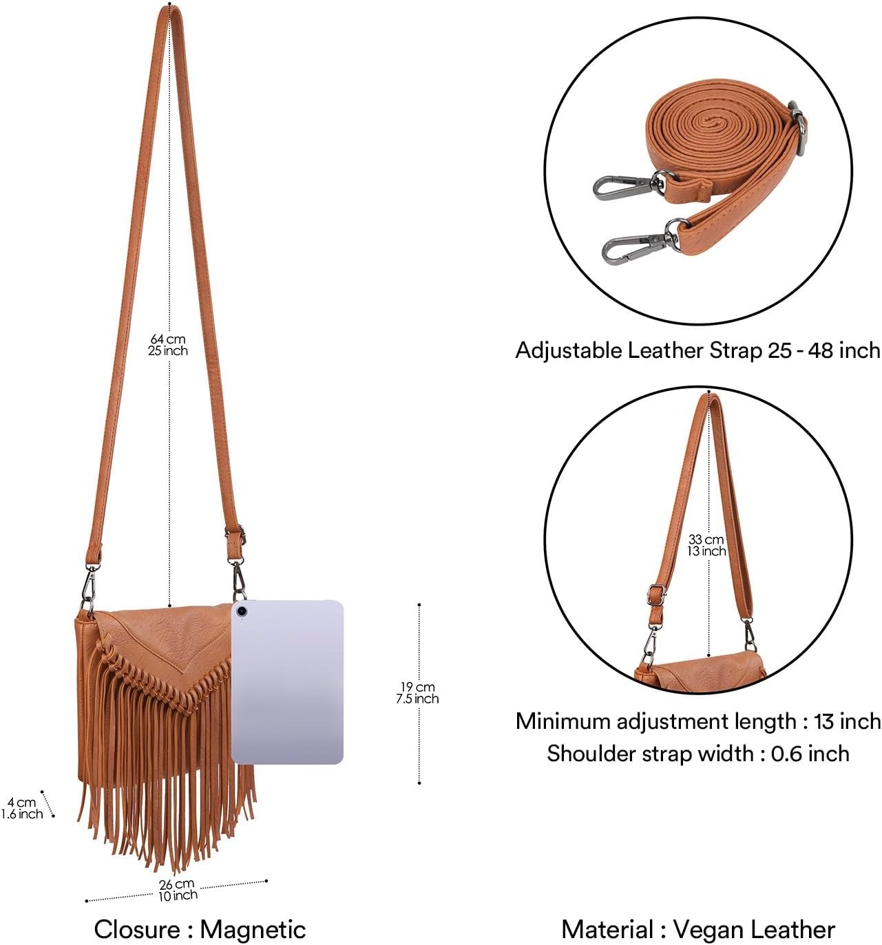 image:imageHDE Womens PU Leather Hobo Fringe Crossbody Tassel Purse Vintage Flap Envelope Handbag Western Sling Shoulder BagCaramel Brown