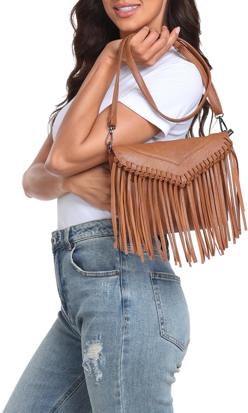 image:imageHDE Womens PU Leather Hobo Fringe Crossbody Tassel Purse Vintage Flap Envelope Handbag Western Sling Shoulder BagCaramel Brown