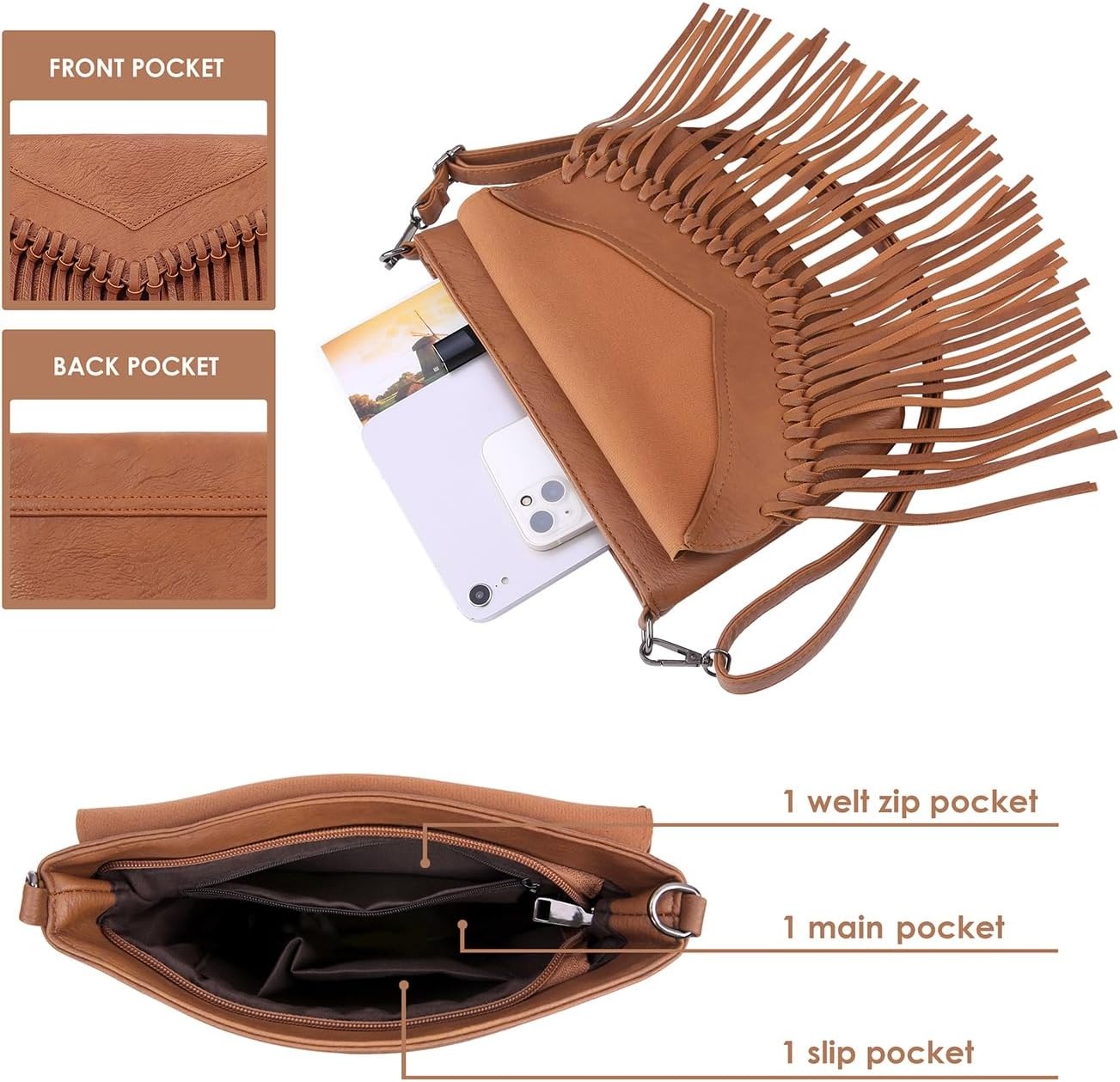 image:imageHDE Womens PU Leather Hobo Fringe Crossbody Tassel Purse Vintage Flap Envelope Handbag Western Sling Shoulder BagCaramel Brown
