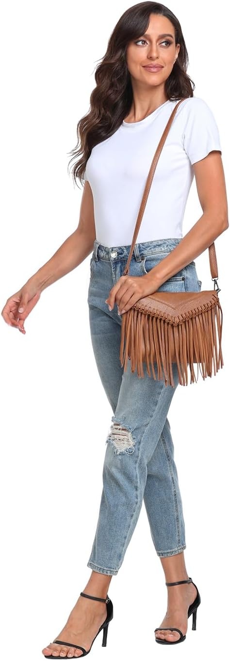 image:imageHDE Womens PU Leather Hobo Fringe Crossbody Tassel Purse Vintage Flap Envelope Handbag Western Sling Shoulder BagCaramel Brown