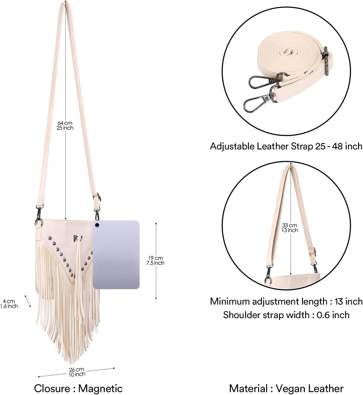 image:imageHDE Womens PU Leather Hobo Fringe Crossbody Tassel Purse Vintage Flap Envelope Handbag Western Sling Shoulder BagCream White