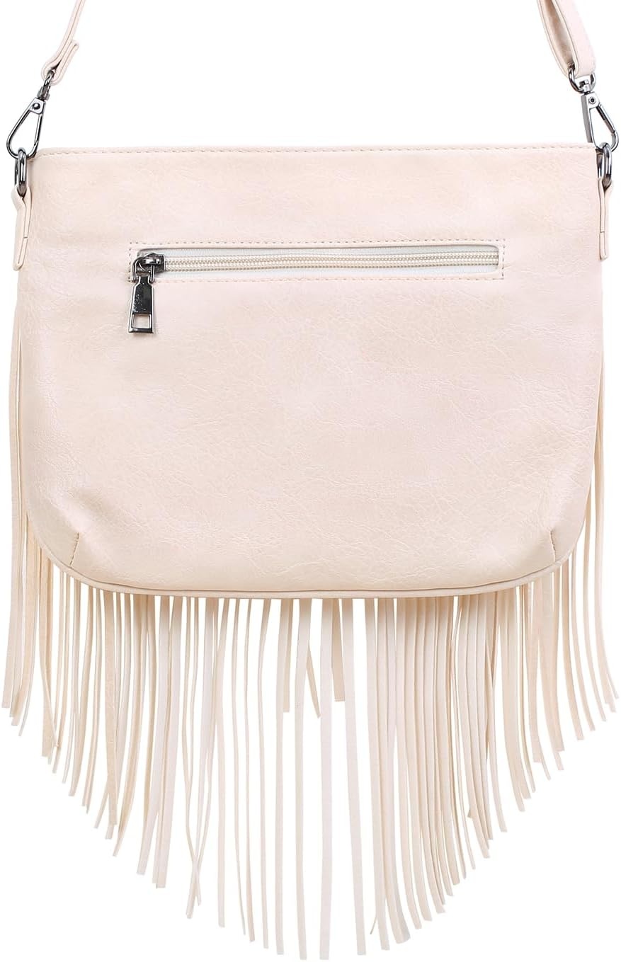 image:imageHDE Womens PU Leather Hobo Fringe Crossbody Tassel Purse Vintage Flap Envelope Handbag Western Sling Shoulder BagCream White