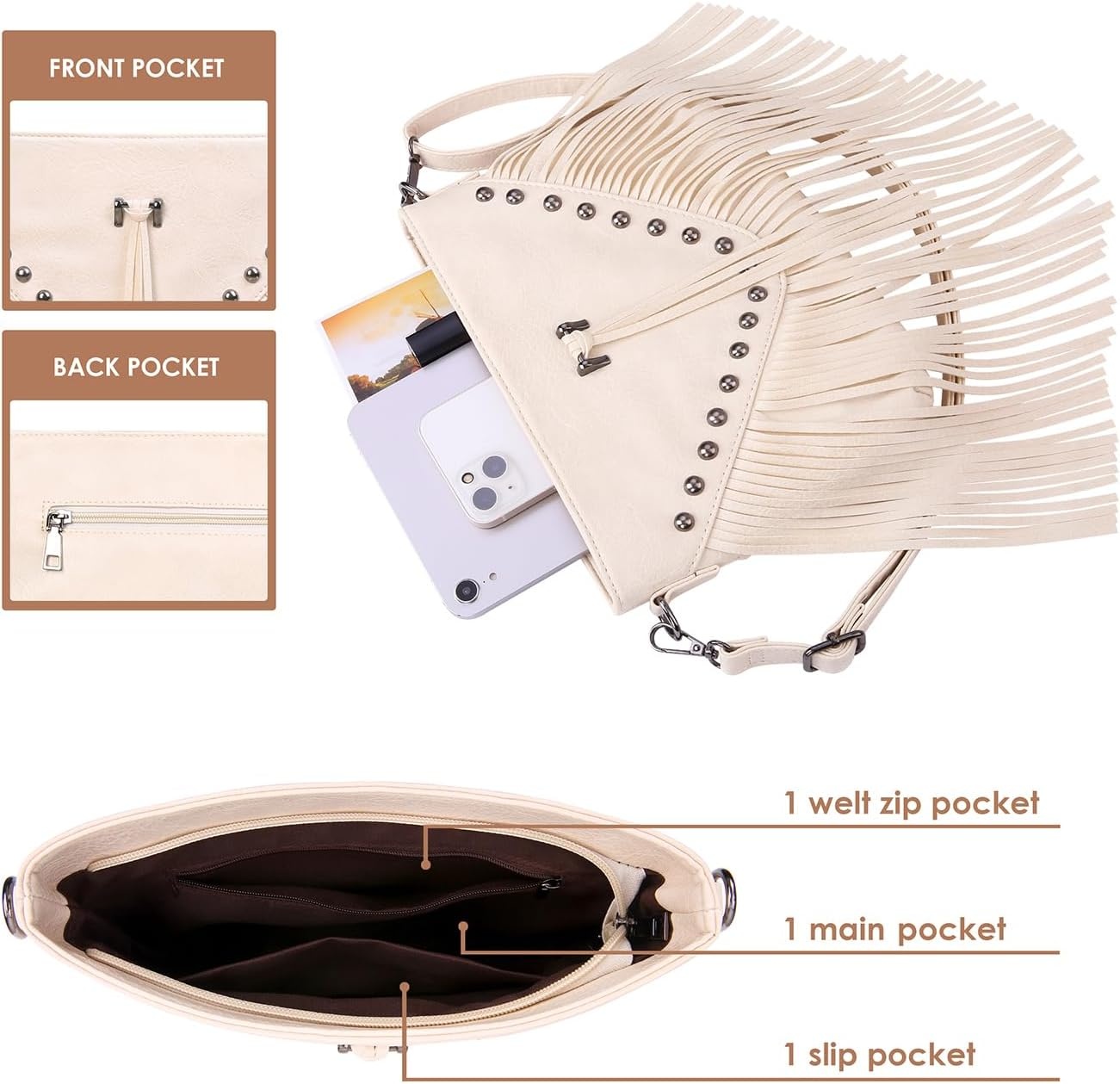 image:imageHDE Womens PU Leather Hobo Fringe Crossbody Tassel Purse Vintage Flap Envelope Handbag Western Sling Shoulder BagCream White