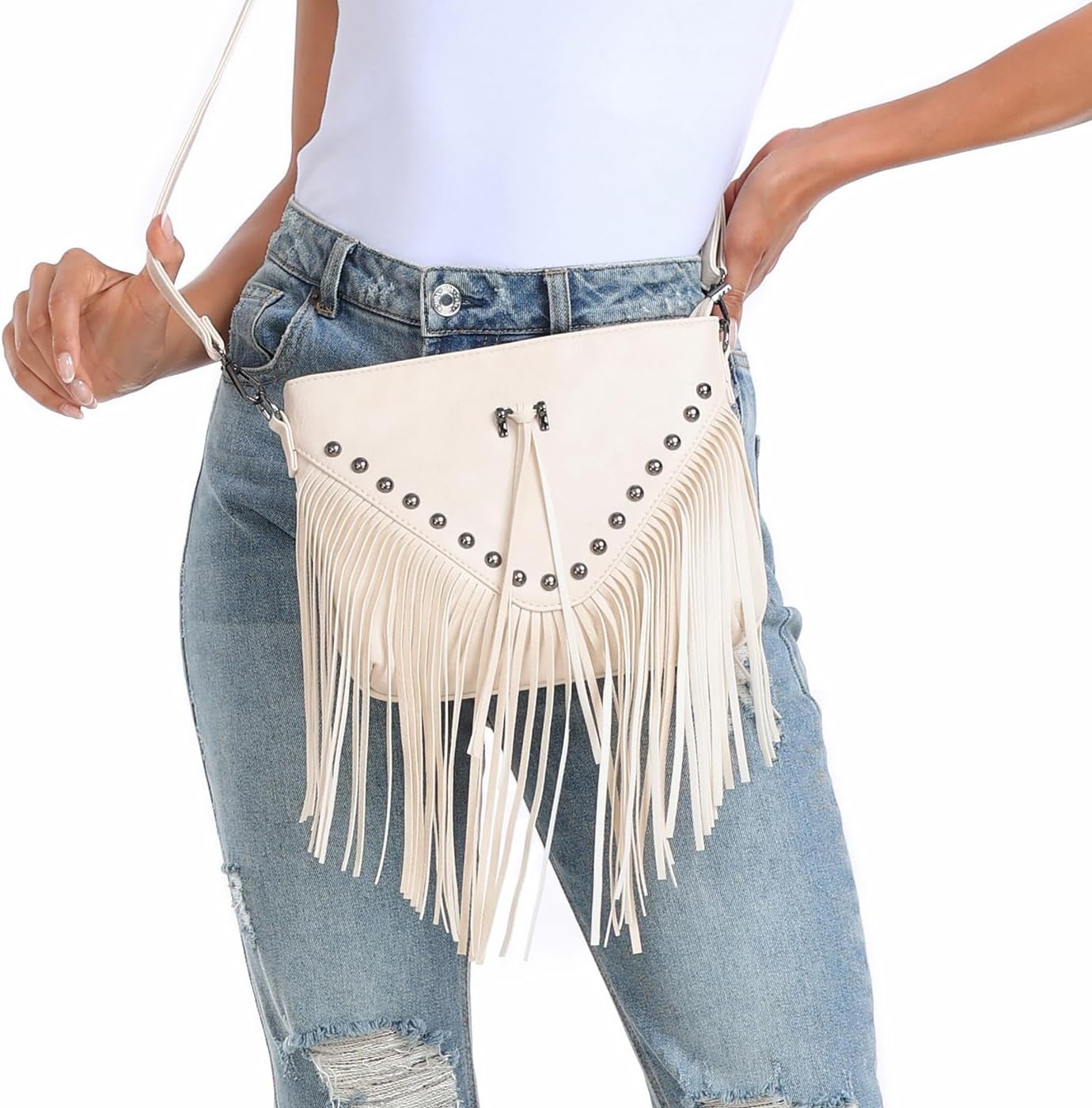 image:imageHDE Womens PU Leather Hobo Fringe Crossbody Tassel Purse Vintage Flap Envelope Handbag Western Sling Shoulder BagCream White
