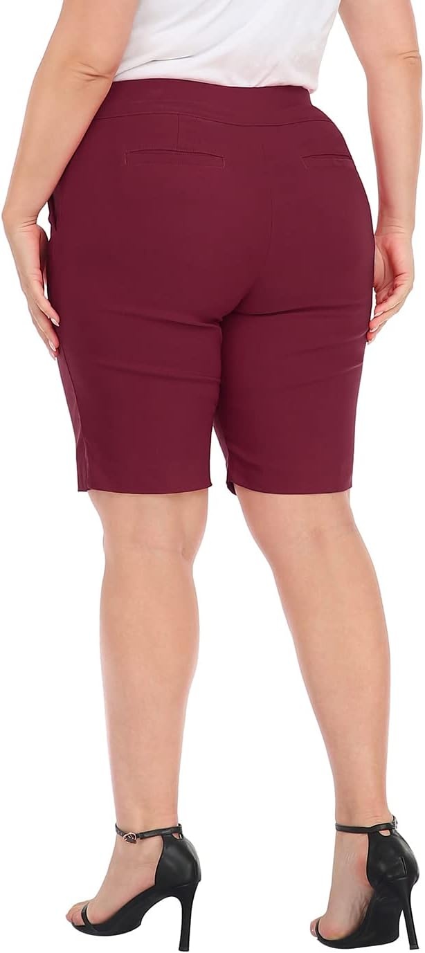 image:imageHDE Womens Plus Size Bermuda Shorts Mid Rise 10 Inseam Shorts with PocketsBurgundy