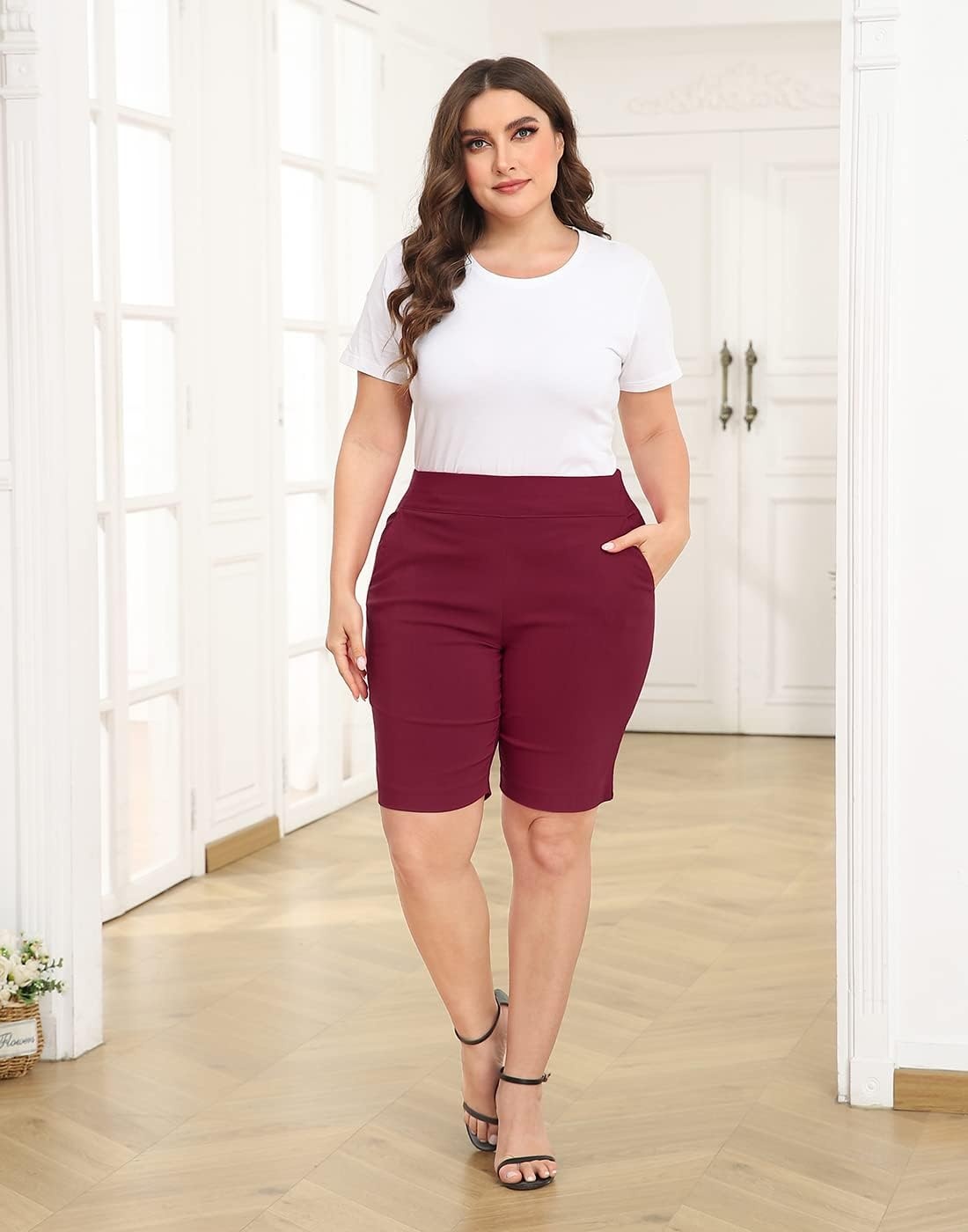 image:imageHDE Womens Plus Size Bermuda Shorts Mid Rise 10 Inseam Shorts with PocketsBurgundy