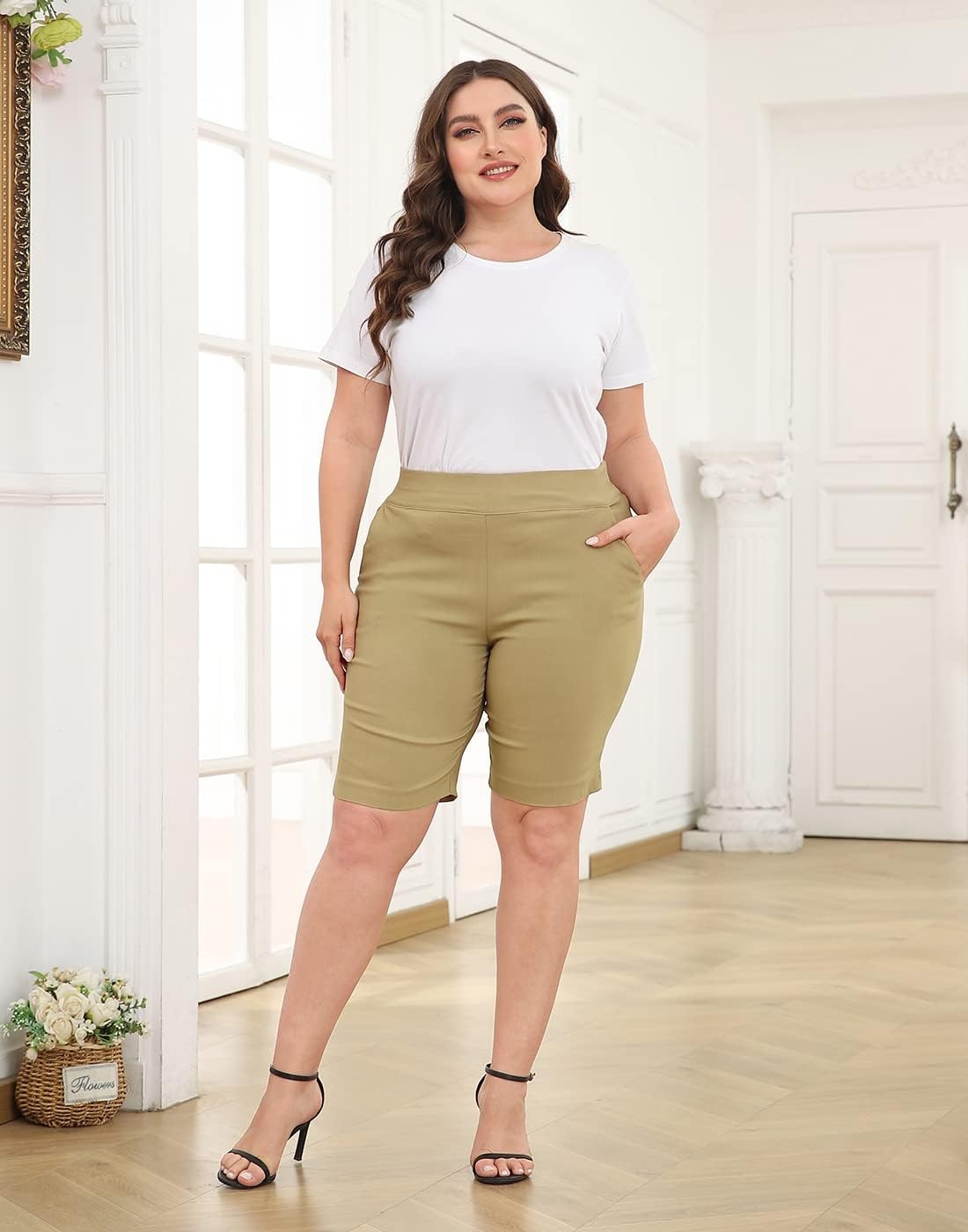 image:imageHDE Womens Plus Size Bermuda Shorts Mid Rise 10 Inseam Shorts with PocketsDark Khaki
