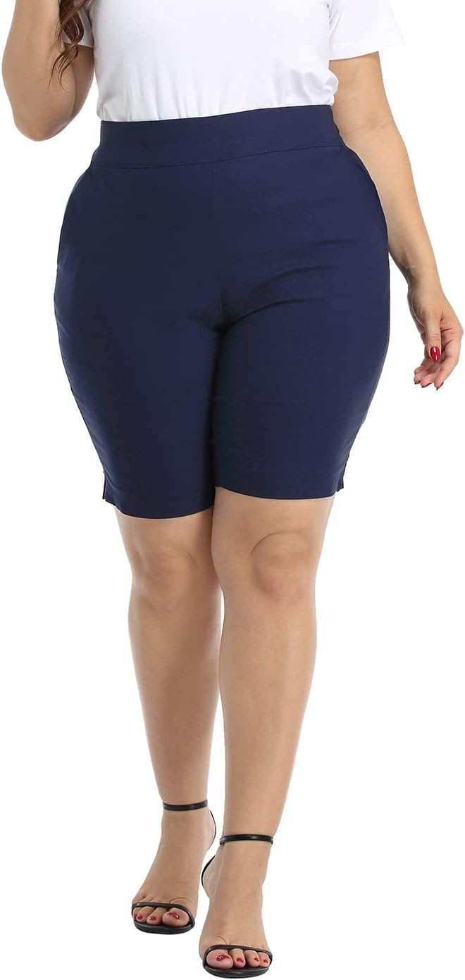 image:imageHDE Womens Plus Size Bermuda Shorts Mid Rise 10 Inseam Shorts with PocketsNavy