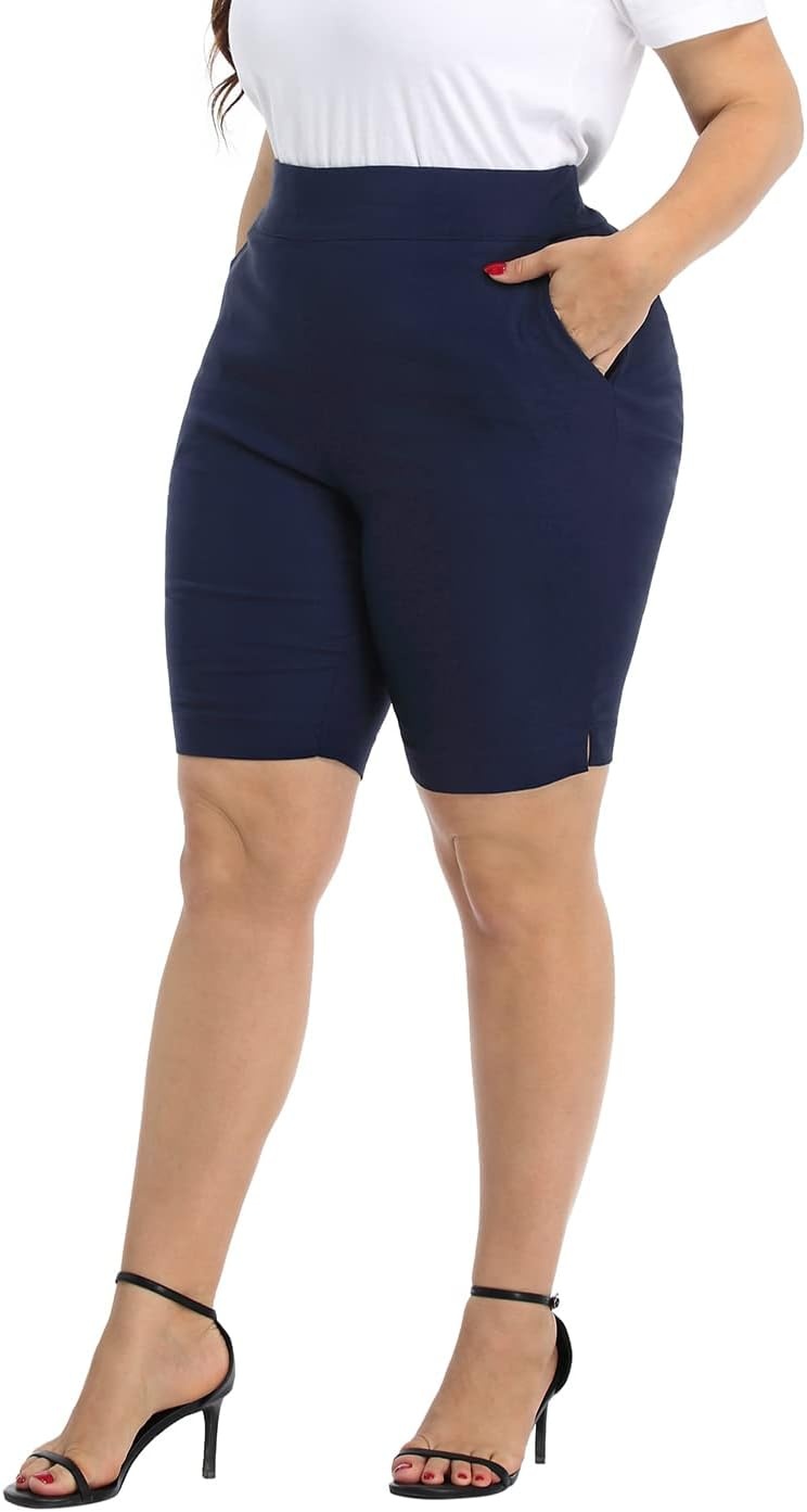 image:imageHDE Womens Plus Size Bermuda Shorts Mid Rise 10 Inseam Shorts with PocketsNavy