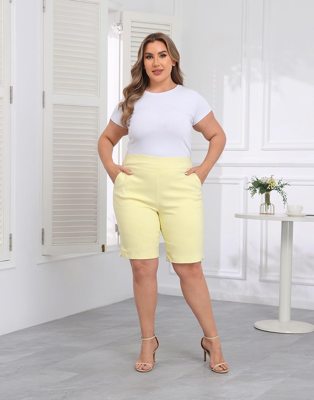 image:imageHDE Womens Plus Size Bermuda Shorts Mid Rise 10 Inseam Shorts with PocketsPale Yellow