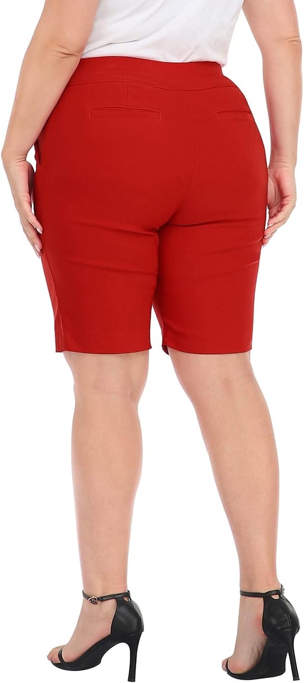 image:imageHDE Womens Plus Size Bermuda Shorts Mid Rise 10 Inseam Shorts with PocketsRed