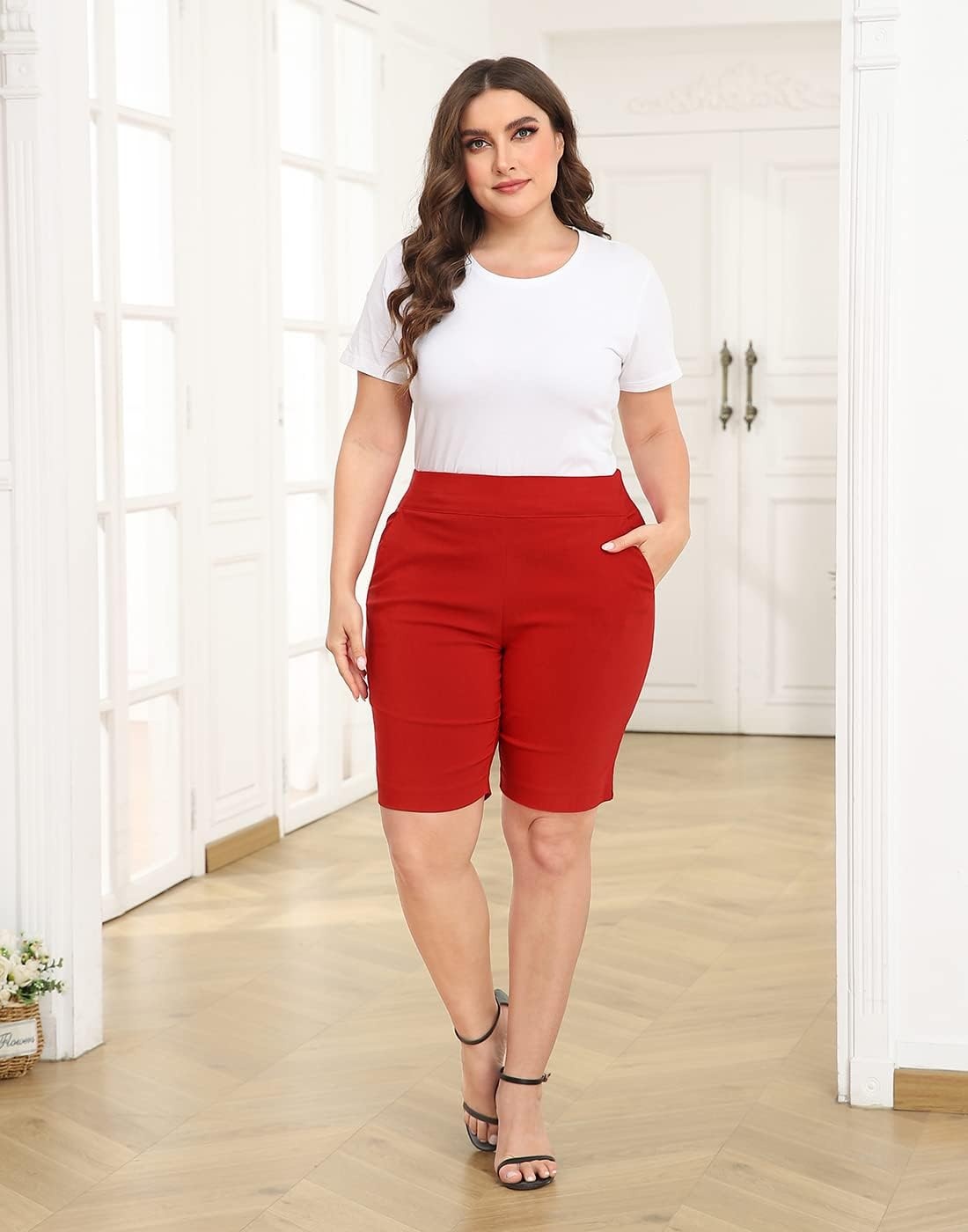 image:imageHDE Womens Plus Size Bermuda Shorts Mid Rise 10 Inseam Shorts with PocketsRed