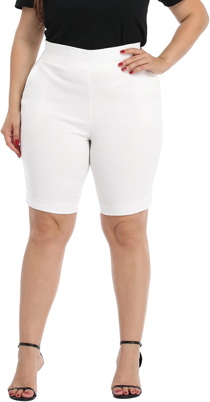 image:imageHDE Womens Plus Size Bermuda Shorts Mid Rise 10 Inseam Shorts with PocketsWhite