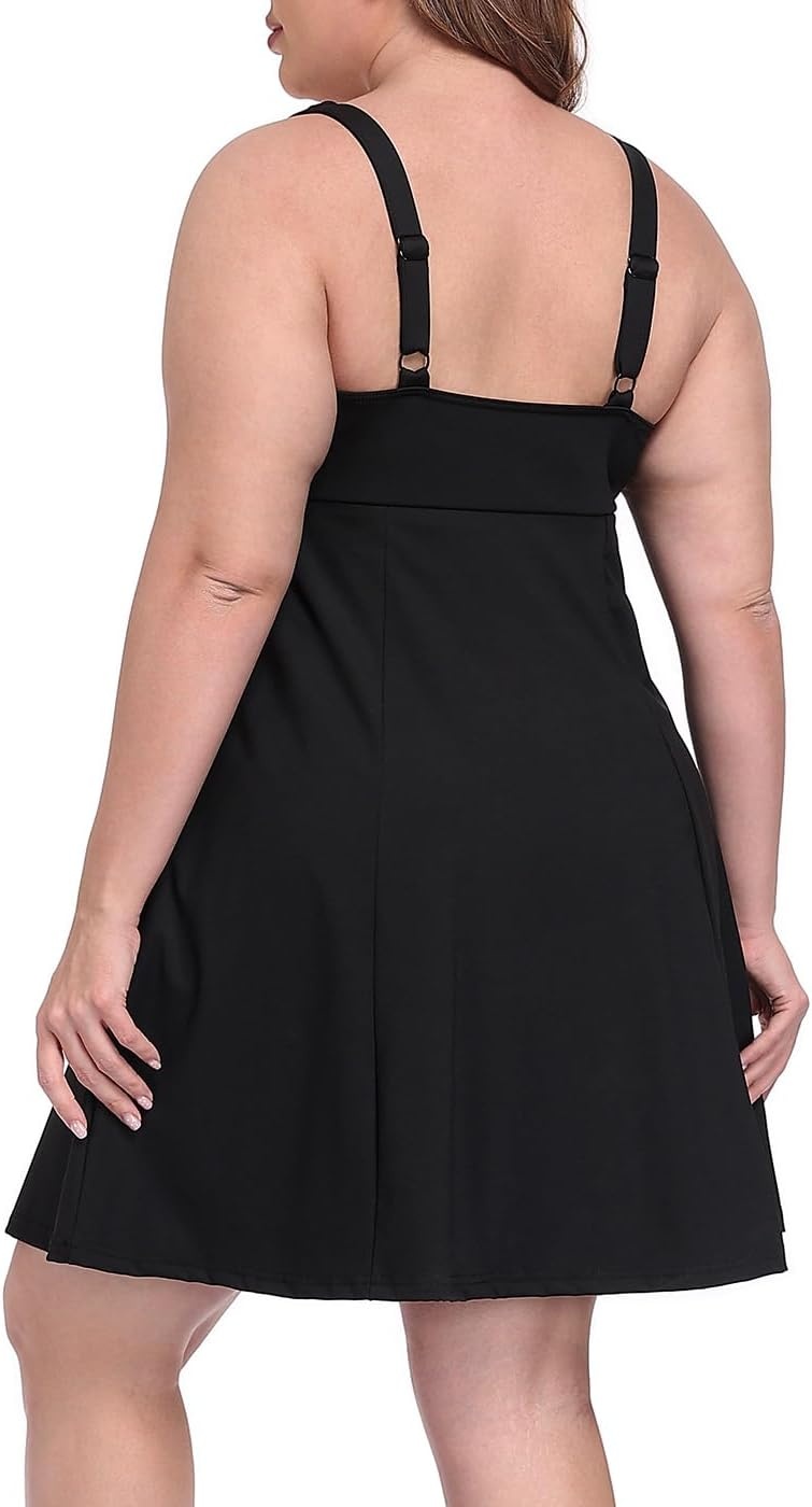 image:imageHDE Womens Plus Size Easy Quick Slip Tennis Dress Square Neck Workout Athletic Golf Active Dresses Builtin Shorts and BraBlack