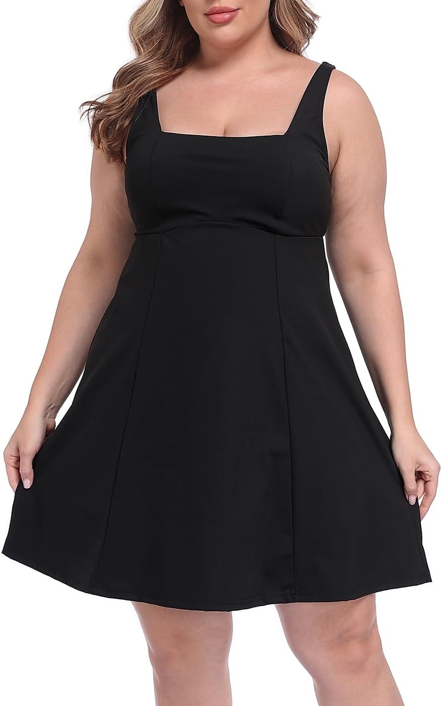image:imageHDE Womens Plus Size Easy Quick Slip Tennis Dress Square Neck Workout Athletic Golf Active Dresses Builtin Shorts and BraBlack
