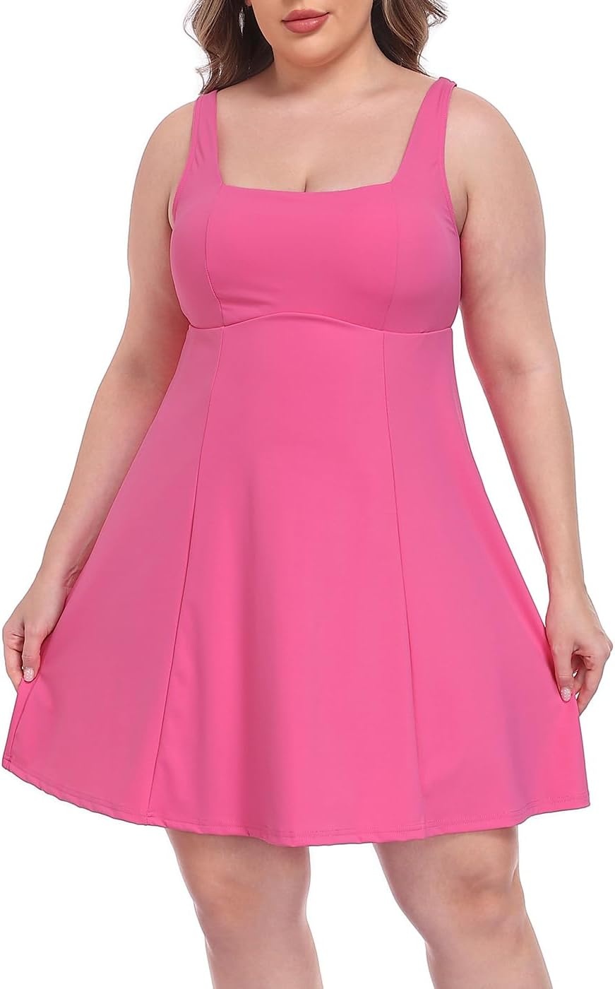 image:imageHDE Womens Plus Size Easy Quick Slip Tennis Dress Square Neck Workout Athletic Golf Active Dresses Builtin Shorts and BraHot Pink