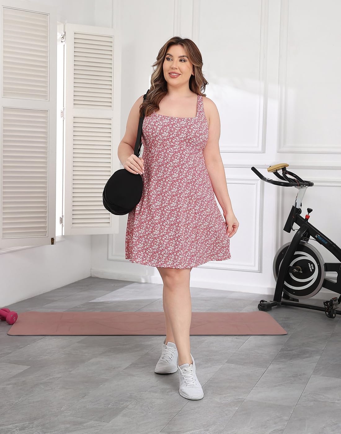 image:imageHDE Womens Plus Size Easy Quick Slip Tennis Dress Square Neck Workout Athletic Golf Active Dresses Builtin Shorts and BraStrawberry Floral