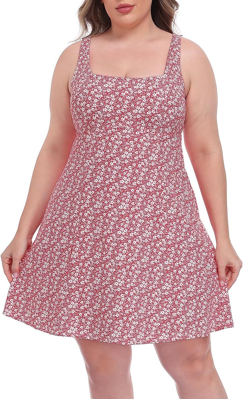 image:imageHDE Womens Plus Size Easy Quick Slip Tennis Dress Square Neck Workout Athletic Golf Active Dresses Builtin Shorts and BraStrawberry Floral