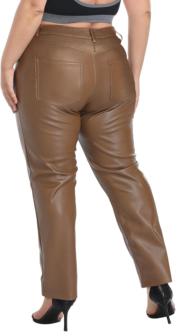 image:imageHDE Womens Plus Size Faux Leather Pants High Waist Straight Leg Pant wPocketsBrown