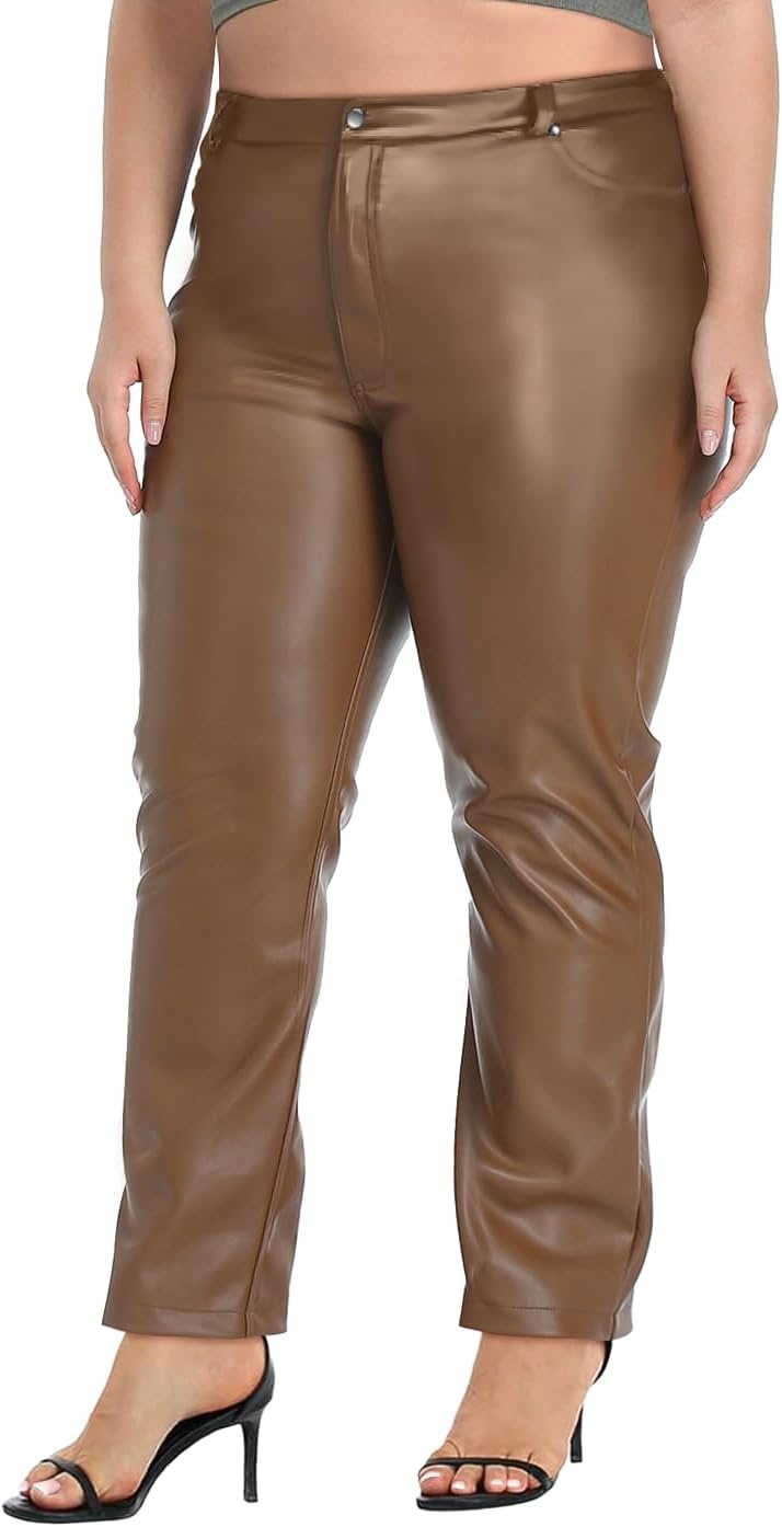 image:imageHDE Womens Plus Size Faux Leather Pants High Waist Straight Leg Pant wPocketsBrown