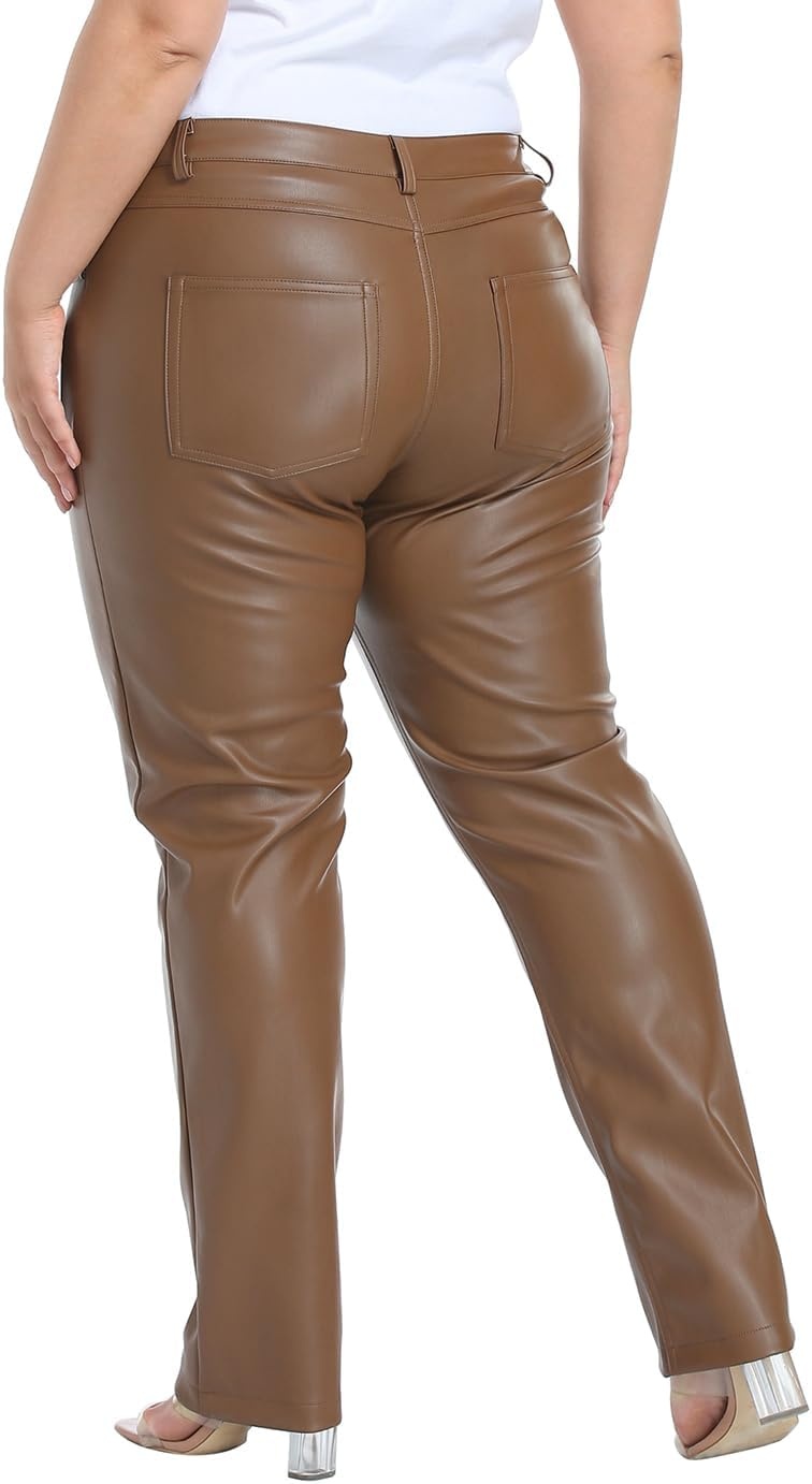 image:imageHDE Womens Plus Size Faux Leather Pants High Waist Straight Leg Pant wPocketsBrown