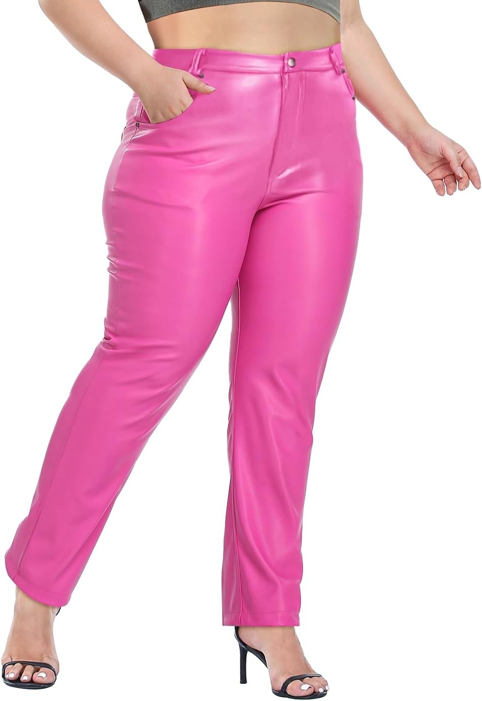 image:imageHDE Womens Plus Size Faux Leather Pants High Waist Straight Leg Pant wPocketsHot Pink