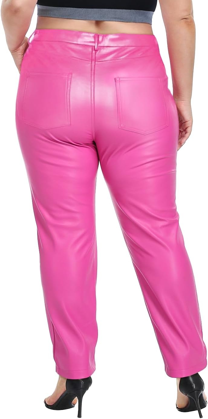 image:imageHDE Womens Plus Size Faux Leather Pants High Waist Straight Leg Pant wPocketsHot Pink