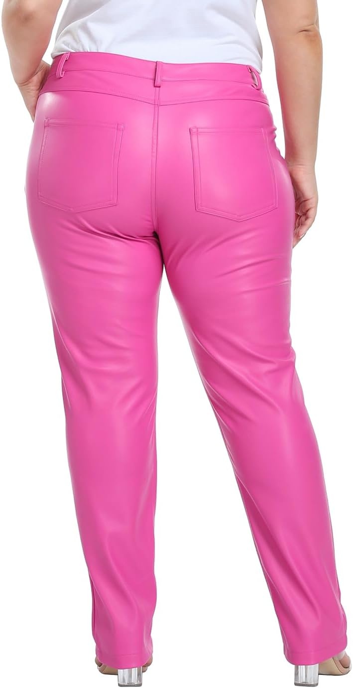 image:imageHDE Womens Plus Size Faux Leather Pants High Waist Straight Leg Pant wPocketsHot Pink