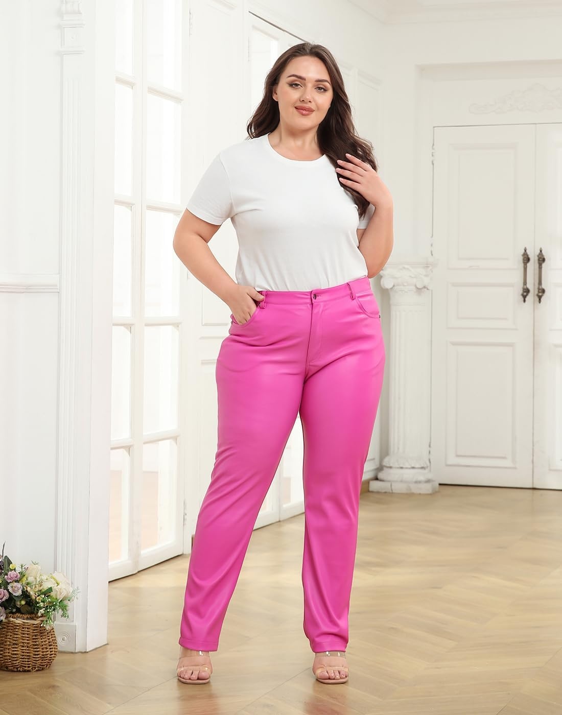 image:imageHDE Womens Plus Size Faux Leather Pants High Waist Straight Leg Pant wPocketsHot Pink
