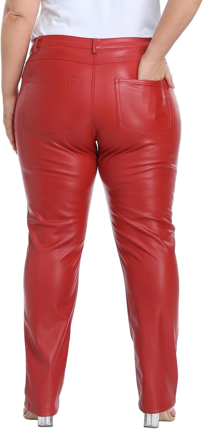 image:imageHDE Womens Plus Size Faux Leather Pants High Waist Straight Leg Pant wPocketsRed