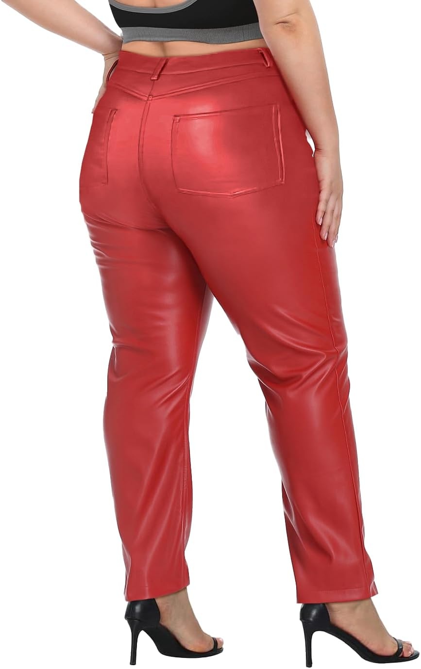 image:imageHDE Womens Plus Size Faux Leather Pants High Waist Straight Leg Pant wPocketsRed