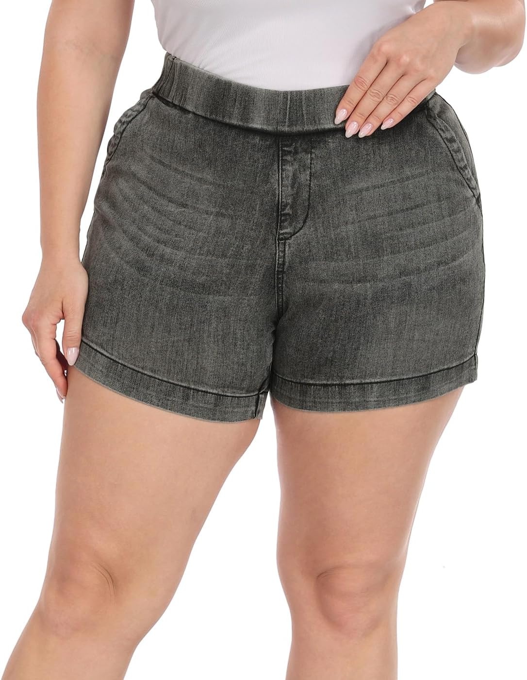 image:imageHDE Womens Plus Size High Waisted Jean Shorts 5 inch Inseam Clean Hem Comfort Waist Pull On Stretch Denim Shorts with PocketsBlack