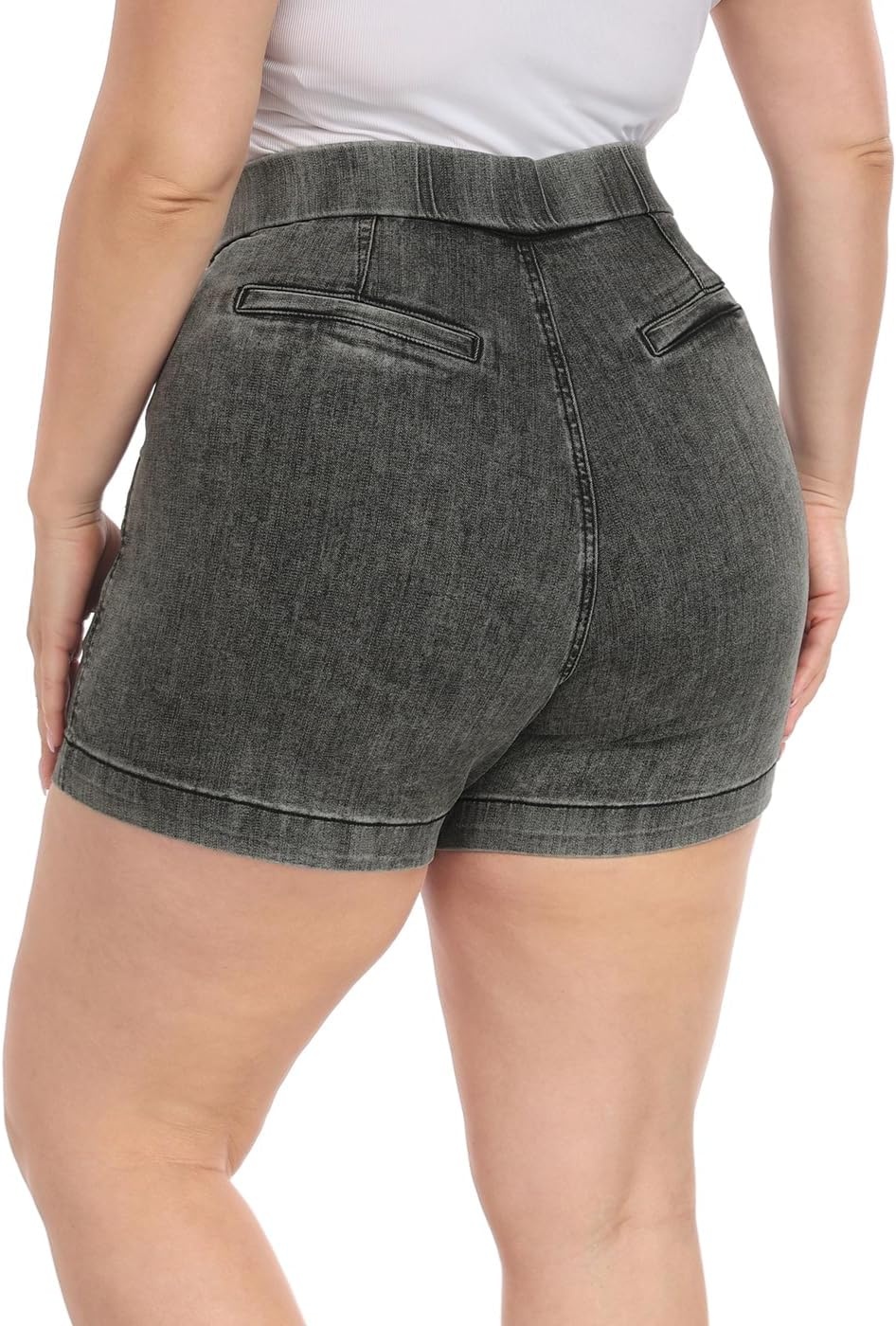 image:imageHDE Womens Plus Size High Waisted Jean Shorts 5 inch Inseam Clean Hem Comfort Waist Pull On Stretch Denim Shorts with PocketsBlack
